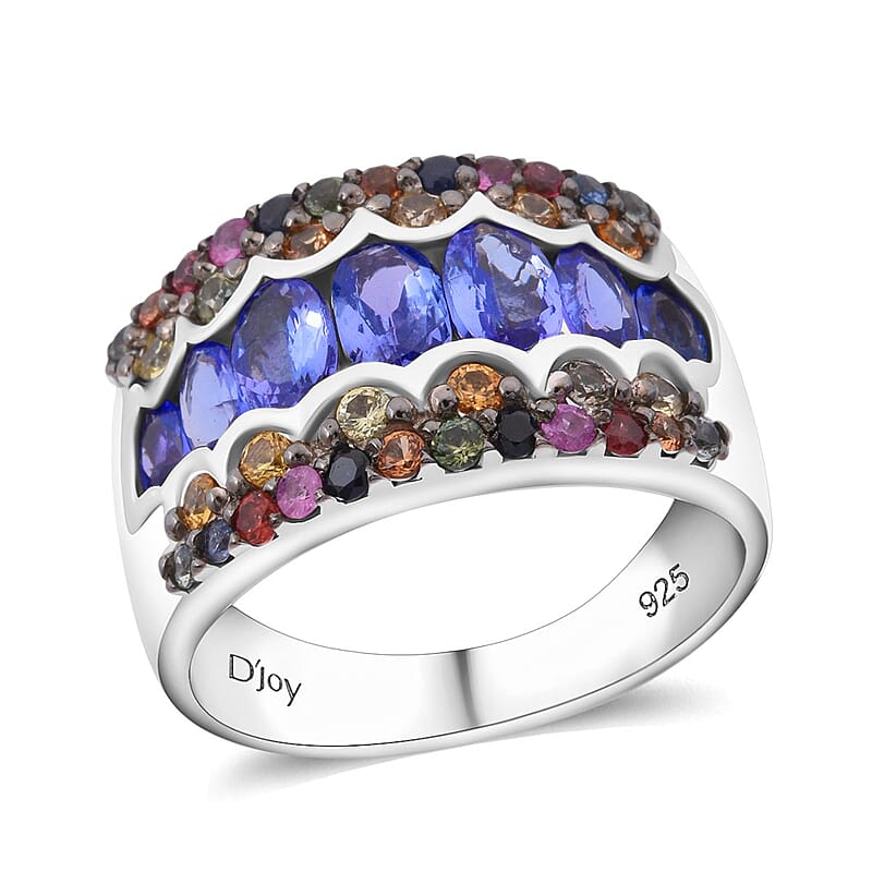 D'Joy Tanzanite and Multi Sapphire 3.15 ctw Art Deco Ring in Rhodium Over Sterling Silver (Size 10.0)