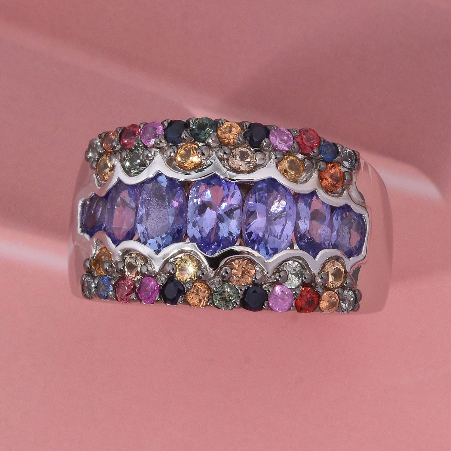 D'Joy Tanzanite and Multi Sapphire 3.15 ctw Art Deco Ring in Rhodium Over Sterling Silver (Size 10.0)