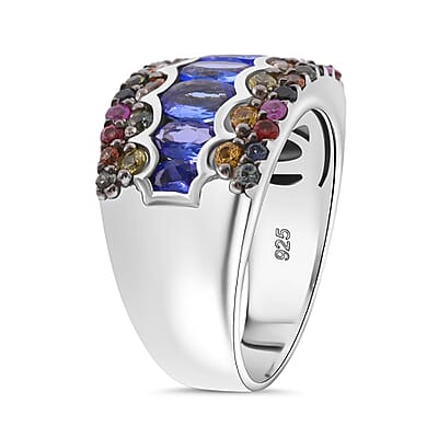 D'Joy Tanzanite and Multi Sapphire 3.15 ctw Art Deco Ring in Rhodium Over Sterling Silver (Size 10.0)