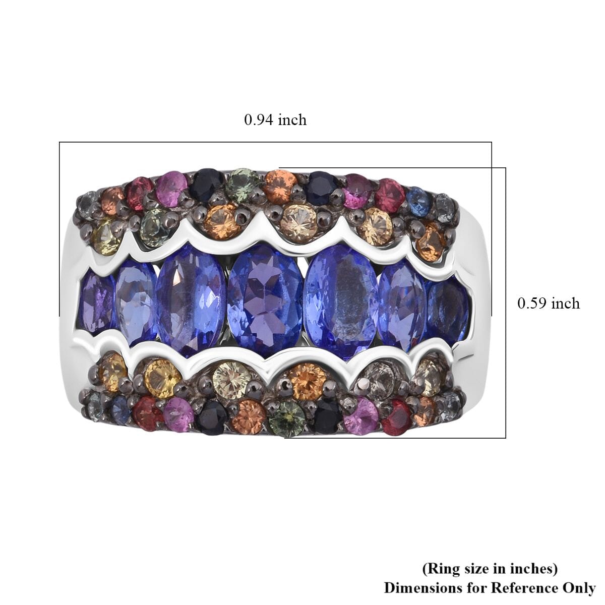 D'Joy Tanzanite and Multi Sapphire 3.15 ctw Ring in Rhodium Over Sterling Silver (Size 10.0) image number 5