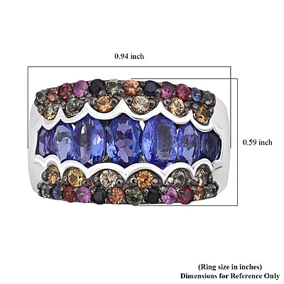 D'Joy Tanzanite and Multi Sapphire 3.15 ctw Art Deco Ring in Rhodium Over Sterling Silver (Size 10.0)