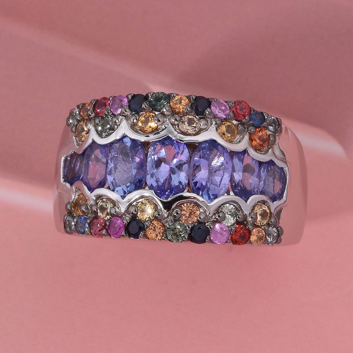 D'Joy Tanzanite and Multi Sapphire 3.15 ctw Art Deco Ring in Rhodium Over Sterling Silver (Size 6.0) image number 1