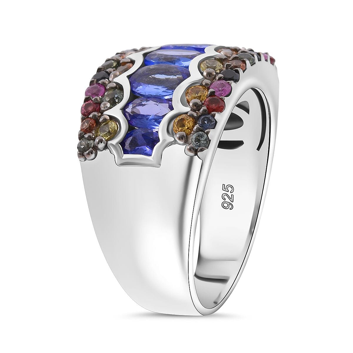 D'Joy Tanzanite and Multi Sapphire 3.15 ctw Art Deco Ring in Rhodium Over Sterling Silver (Size 6.0) image number 3
