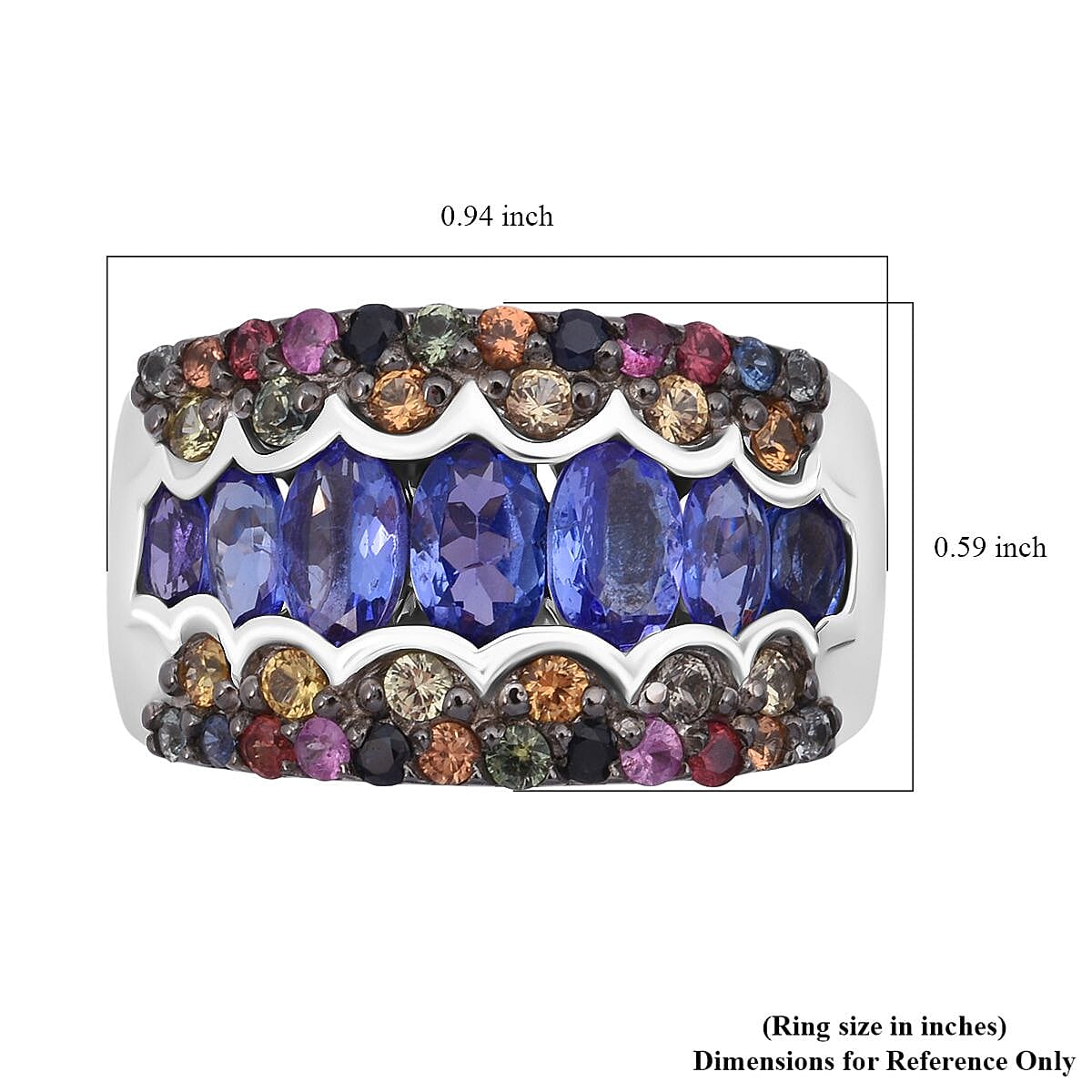 D'Joy Tanzanite and Multi Sapphire 3.15 ctw Art Deco Ring in Rhodium Over Sterling Silver (Size 7.0) image number 5