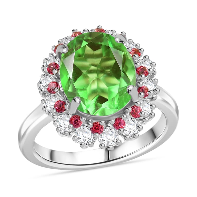 EverTrue Chartreuse Quartz (Triplet) and Multi Gemstone 5.40 ctw Classic Halo Ring in Platinum Bond (Size 10.0)