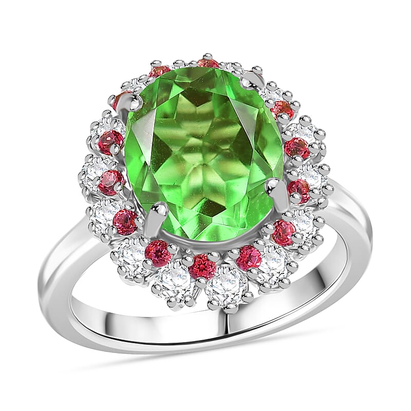 EverTrue Chartreuse Quartz (Triplet) and Multi Gemstone 5.40 ctw Classic Halo Ring in Platinum Bond (Size 10.0)
