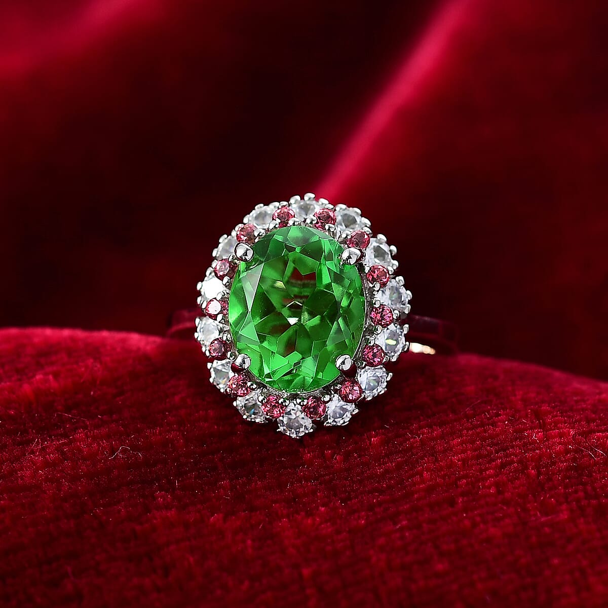 EverTrue Chartreuse Quartz (Triplet) and Multi Gemstone 5.40 ctw Classic Halo Ring in Platinum Bond (Size 10.0) image number 1