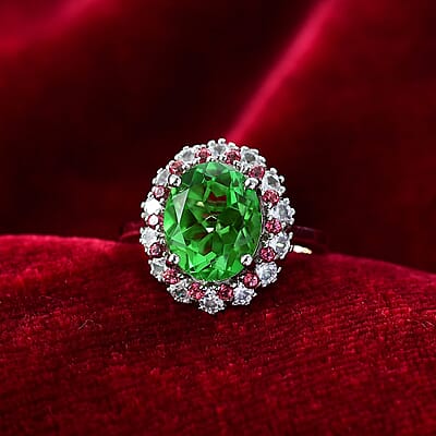 EverTrue Chartreuse Quartz (Triplet) and Multi Gemstone 5.40 ctw Classic Halo Ring in Platinum Bond (Size 10.0)