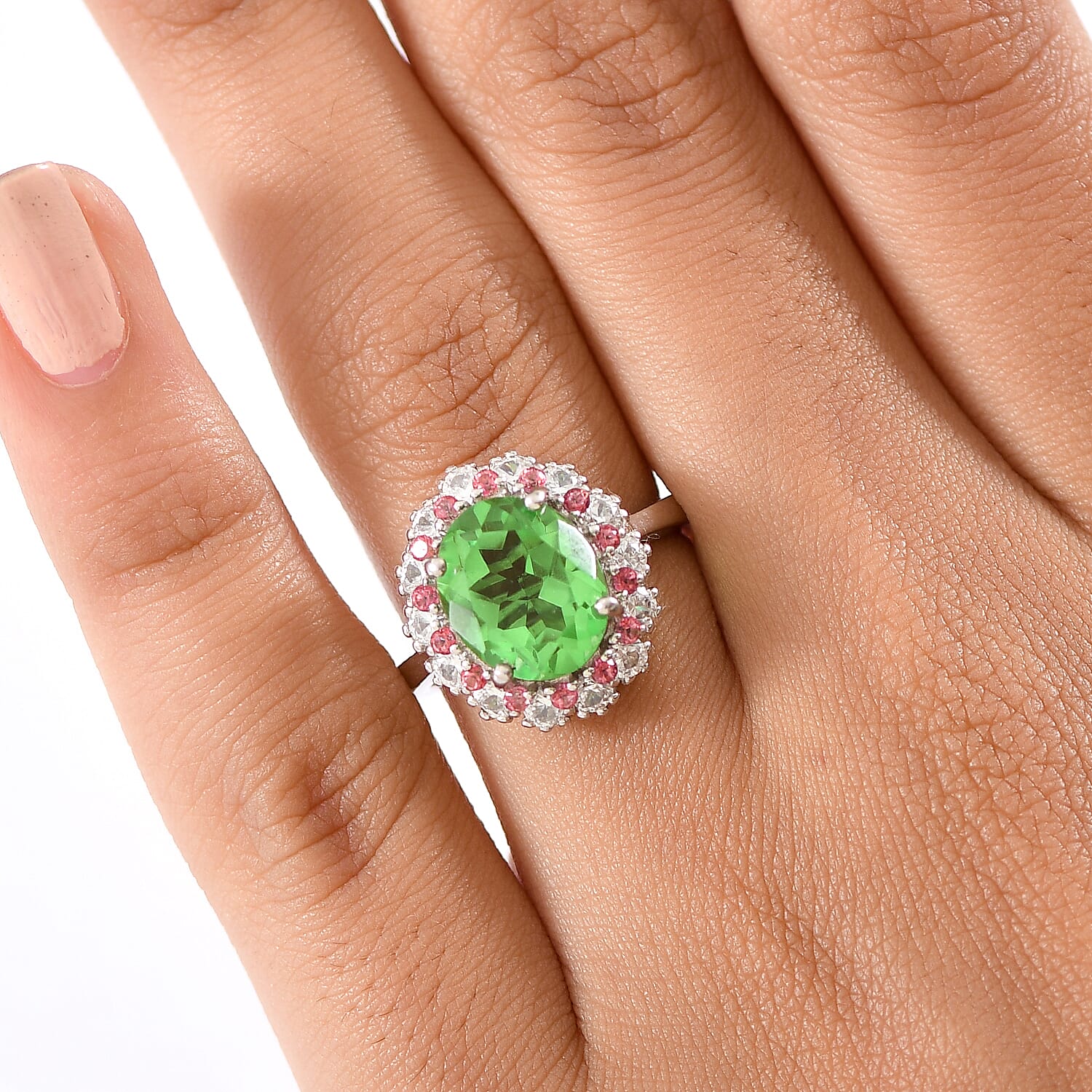 EverTrue Chartreuse Quartz (Triplet) and Multi Gemstone 5.40 ctw Classic Halo Ring in Platinum Bond (Size 10.0)