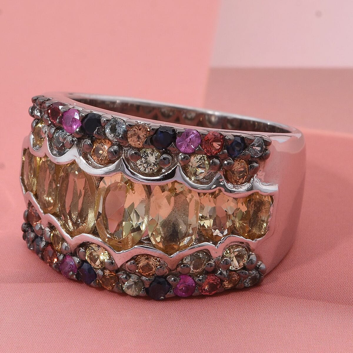 D'Joy Brazilian Heliodor and Multi Sapphire 3.15 ctw Art Deco Ring in Rhodium Over Sterling Silver (Size 10.0) image number 1
