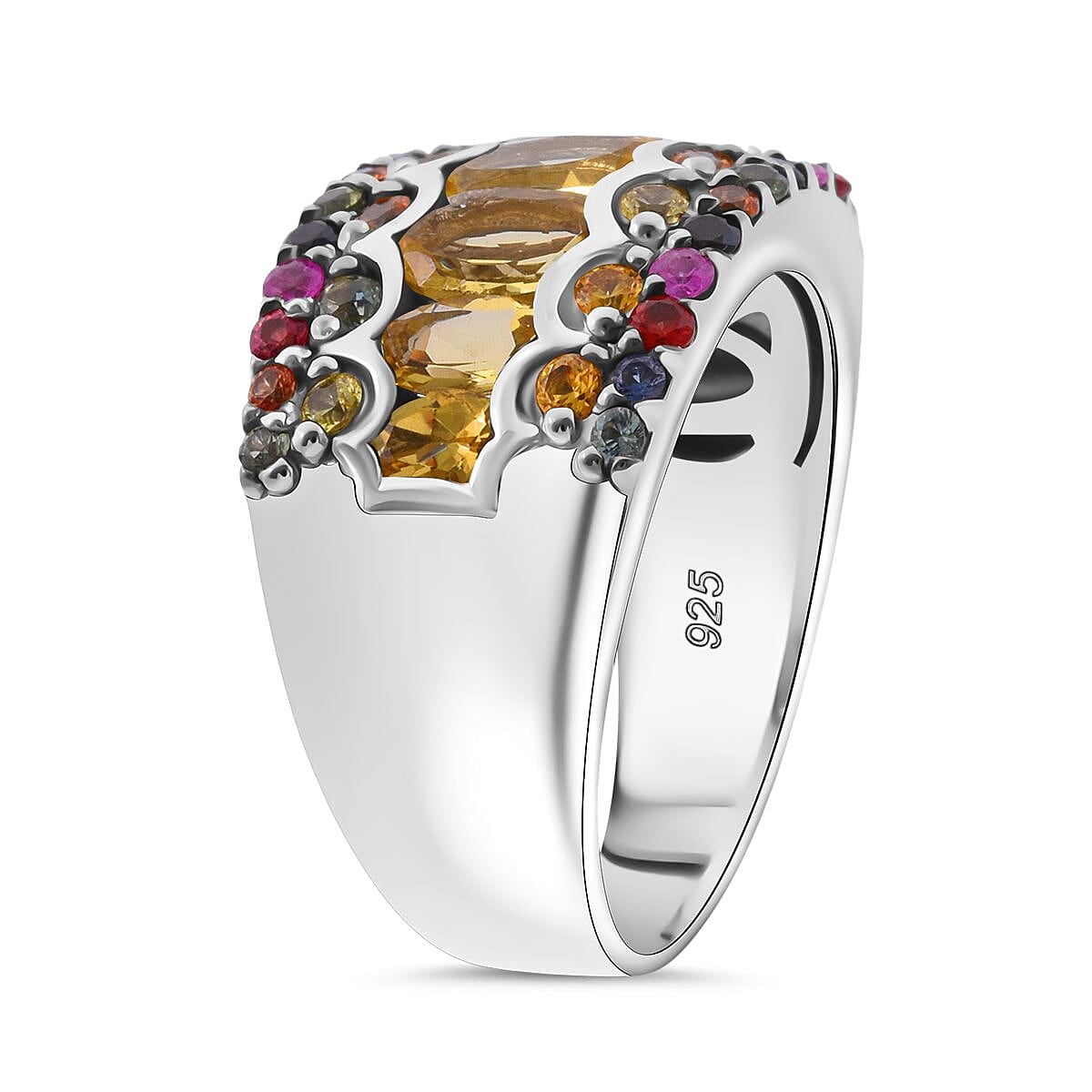 D'Joy Brazilian Heliodor and Multi Sapphire 3.15 ctw Art Deco Ring in Rhodium Over Sterling Silver (Size 10.0) image number 3