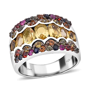 D'Joy Brazilian Heliodor and Multi Sapphire 3.15 ctw Art Deco Ring in Rhodium Over Sterling Silver (Size 7.0)