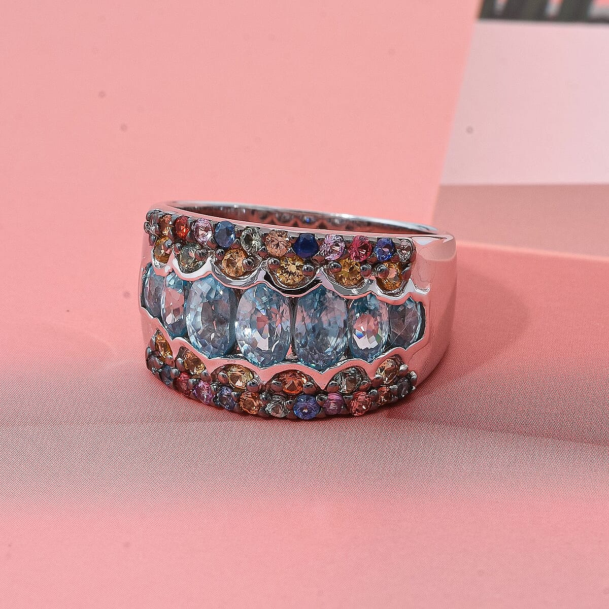 D'Joy Cambodian Blue Zircon and Multi Sapphire 4.85 ctw Art Deco Ring in Rhodium Over Sterling Silver (Size 5.0) image number 1