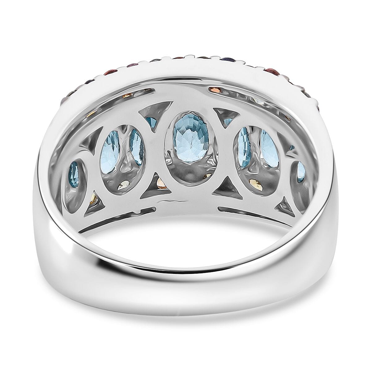 D'Joy Cambodian Blue Zircon and Multi Sapphire 4.85 ctw Art Deco Ring in Rhodium Over Sterling Silver (Size 5.0) image number 4