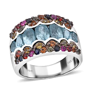 D'Joy Cambodian Blue Zircon and Multi Sapphire 4.85 ctw Art Deco Ring in Rhodium Over Sterling Silver (Size 6.0)