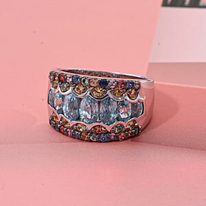 D'Joy Cambodian Blue Zircon and Multi Sapphire 4.85 ctw Art Deco Ring in Rhodium Over Sterling Silver (Size 6.0)