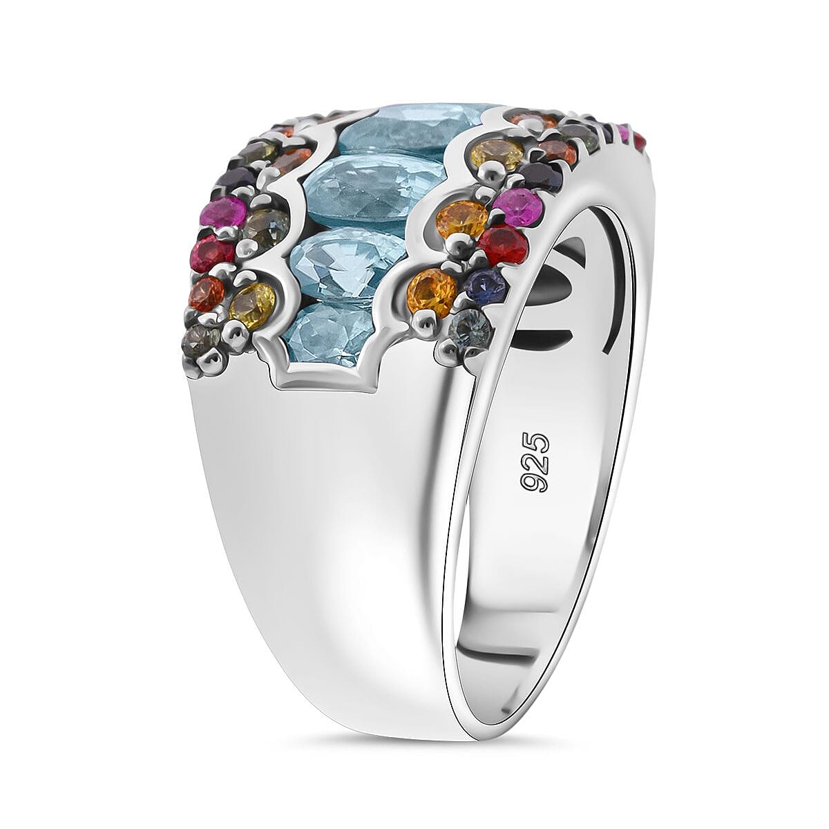 D'Joy Cambodian Blue Zircon and Multi Sapphire 4.85 ctw Art Deco Ring in Rhodium Over Sterling Silver (Size 6.0) image number 3