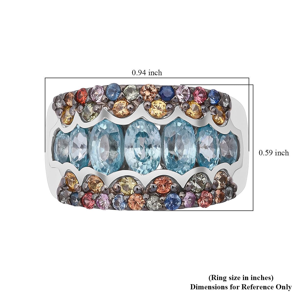 D'Joy Cambodian Blue Zircon and Multi Sapphire 4.85 ctw Art Deco Ring in Rhodium Over Sterling Silver (Size 7.0) image number 5