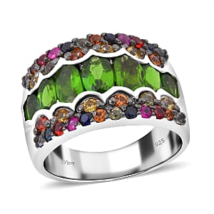D'Joy Chrome Diopside and Multi Sapphire 3.35 ctw Art Deco Ring in Rhodium Over Sterling Silver (Size 10.0)