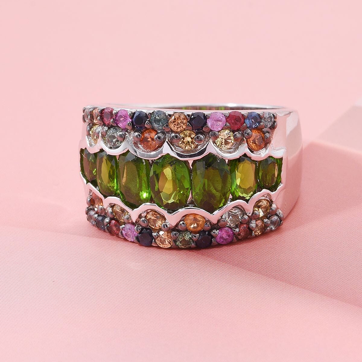 D'Joy Chrome Diopside and Multi Sapphire 3.35 ctw Art Deco Ring in Rhodium Over Sterling Silver (Size 5.0) image number 1