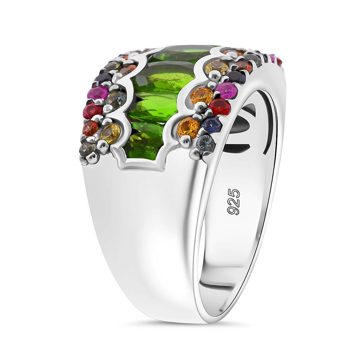 D'Joy Chrome Diopside and Multi Sapphire 3.35 ctw Art Deco Ring in Rhodium Over Sterling Silver (Size 5.0) image number 3