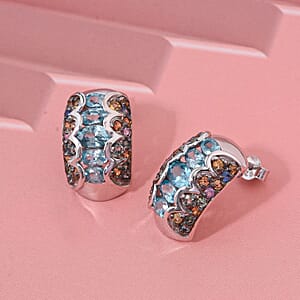 D'Joy Cambodian Blue Zircon and Multi Sapphire 5.75 ctw Art Deco Earrings in Rhodium Over Sterling Silver