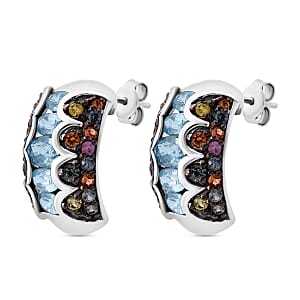 D'Joy Cambodian Blue Zircon and Multi Sapphire 5.75 ctw Art Deco Earrings in Rhodium Over Sterling Silver