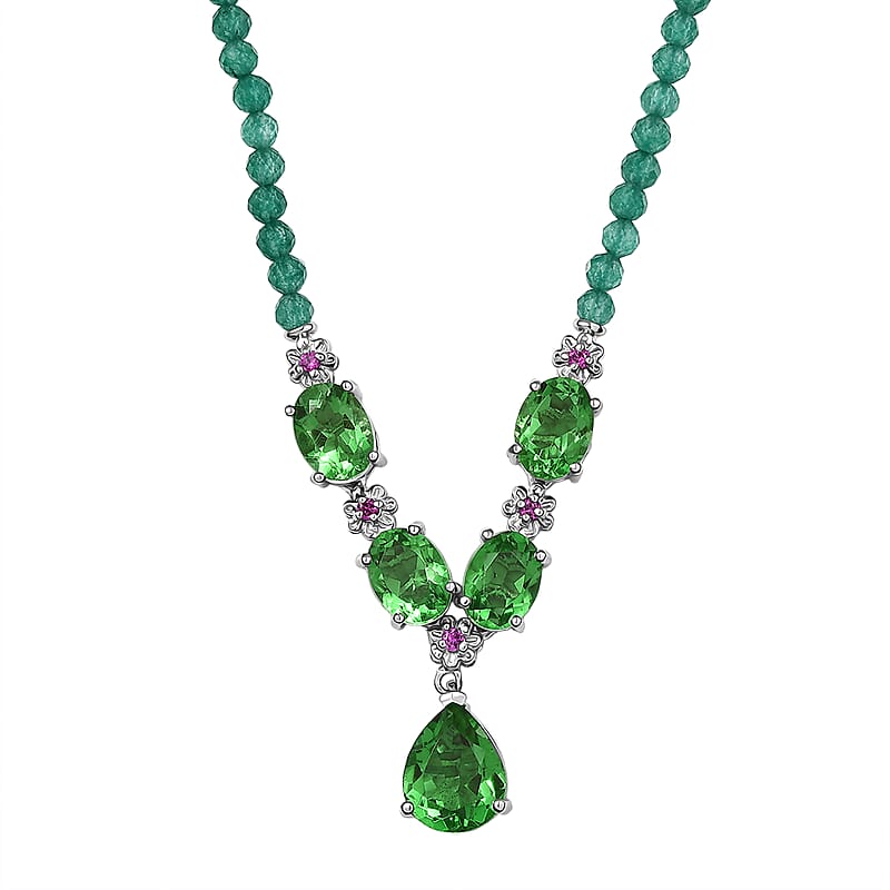 EverTrue Chartreuse Quartz (Triplet) and Multi Gemstone 34.50 ctw Floral Necklace in Platinum Bond 18 Inches