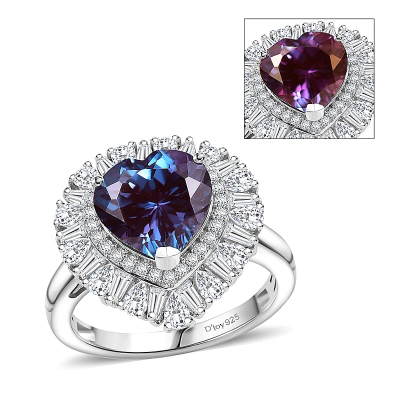 D'Joy Premium Lab Grown Alexandrite and Moissanite 5.90 ctw Twilight Heart Ring in Rhodium Over Sterling Silver (Size 10.0)
