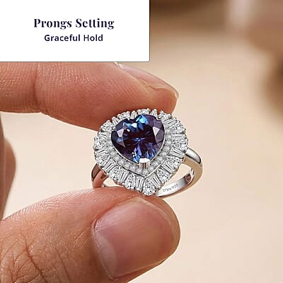 D'Joy Premium Lab Grown Alexandrite and Moissanite 5.90 ctw Twilight Heart Ring in Rhodium Over Sterling Silver (Size 10.0)