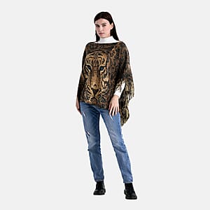 TAMSY Metallic Tiger Poncho with Fringe - One Size Fits Most