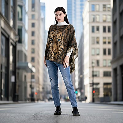 TAMSY Metallic Tiger Poncho with Fringe - One Size Fits Most