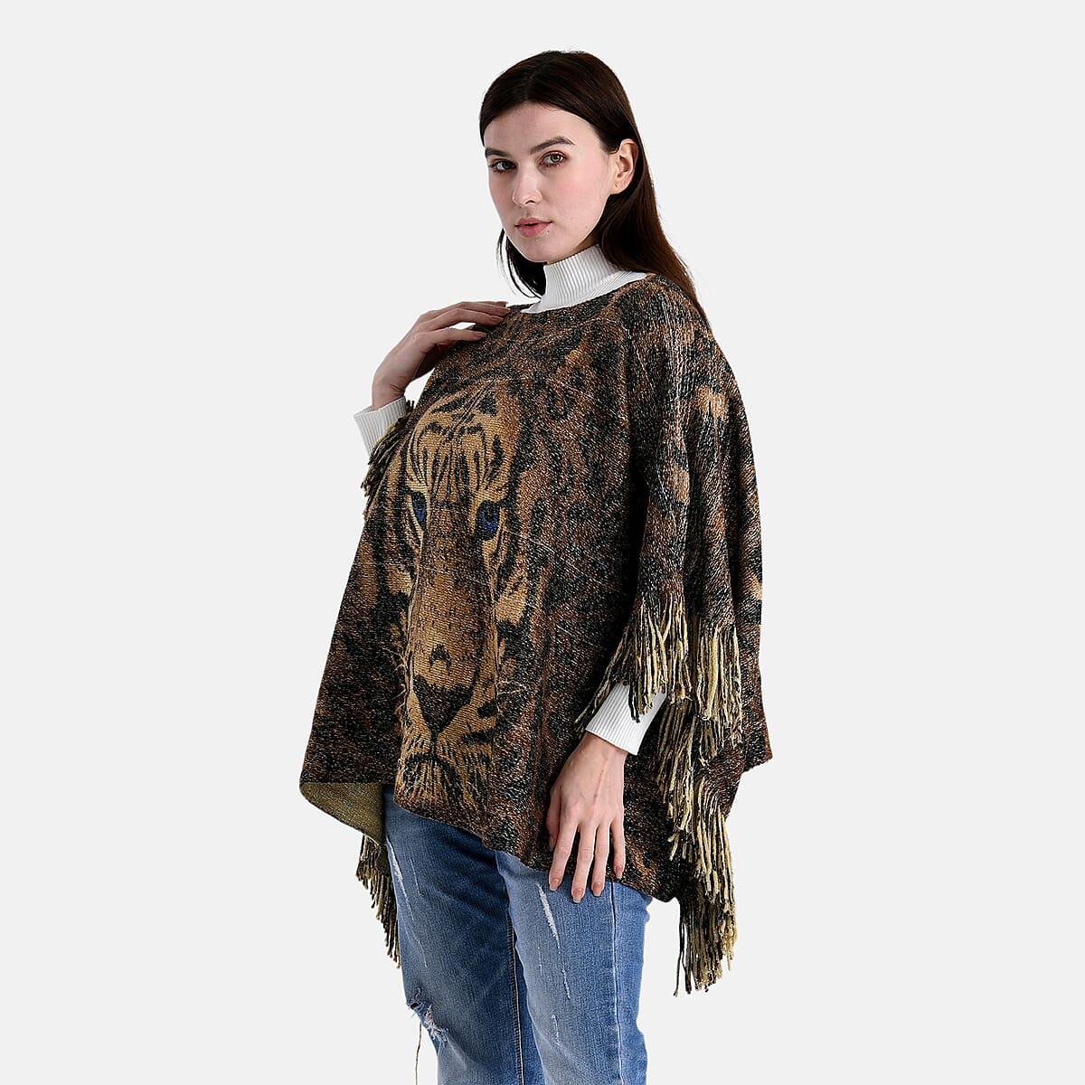 TAMSY Metallic Tiger Poncho with Fringe - One Size Fits Most image number 4