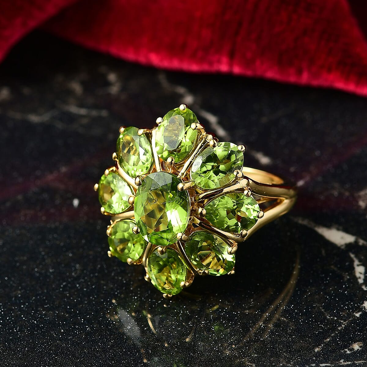 D'Joy Hebei Peridot 8.70 ctw Blooming Flower Ring in 18K Vermeil Yellow Gold Over Sterling Silver (Size 10.0) image number 1