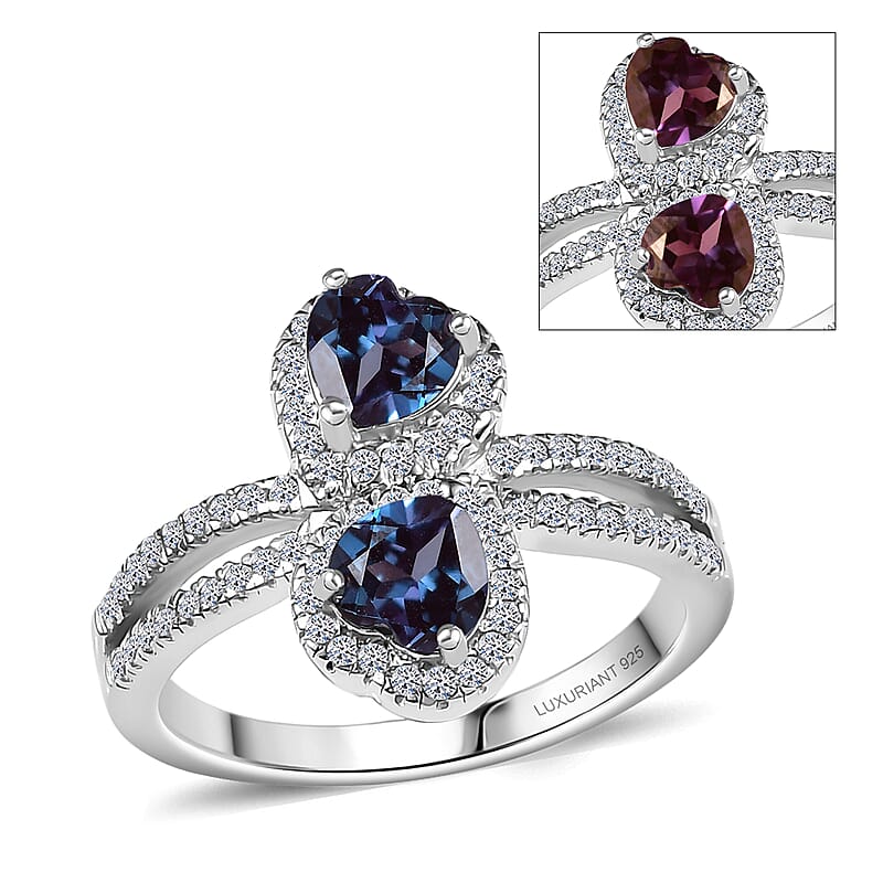 Luxuriant Premium Lab Grown Alexandrite and White Zircon 1.90 ctw Lover’s Eclipse Ring in Rhodium Over Sterling Silver (Size 6.0)