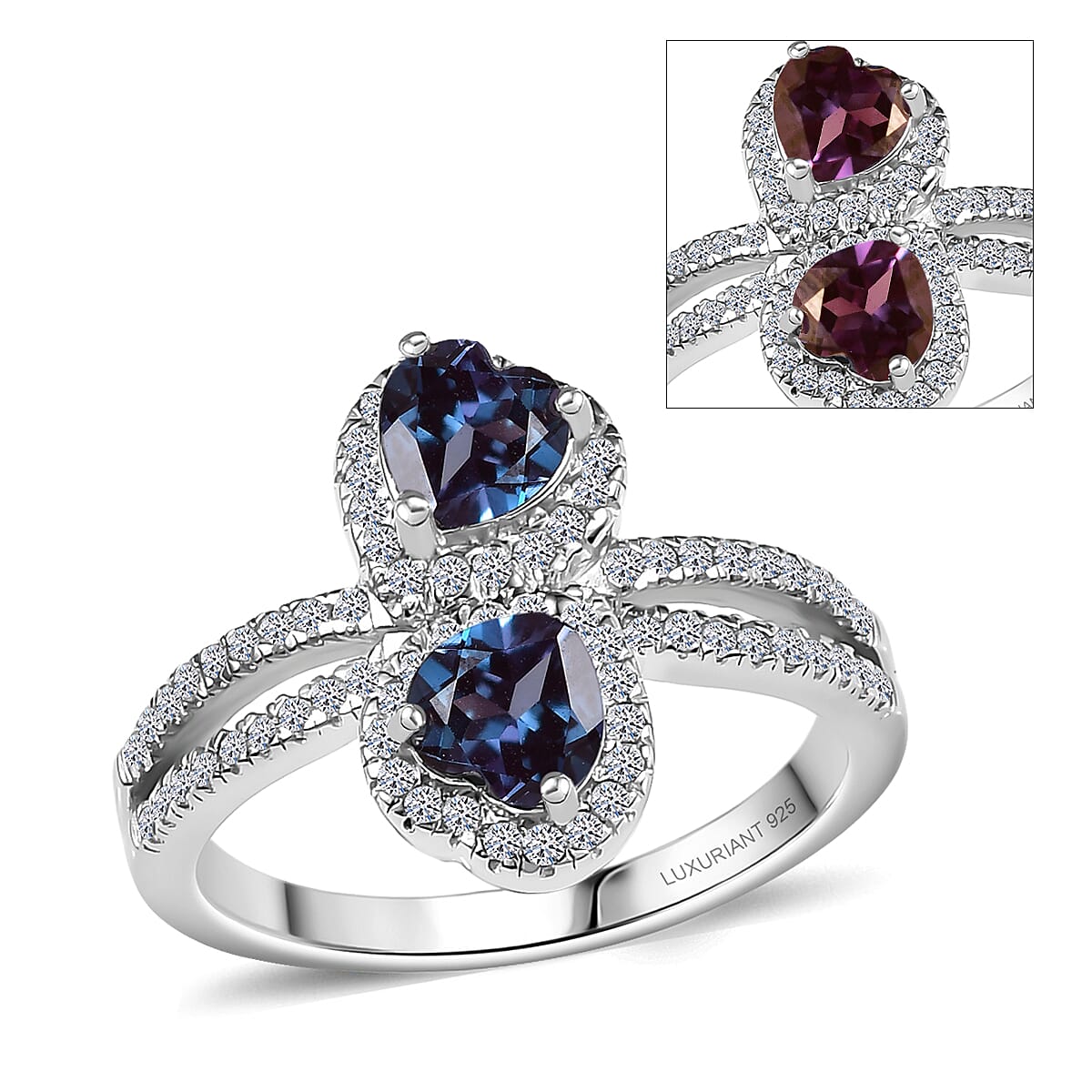 Luxuriant Premium Lab Grown Alexandrite and White Zircon 1.90 ctw Ring in Rhodium Over Sterling Silver
