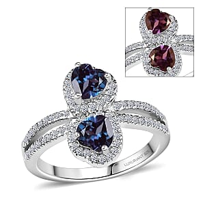 Luxuriant Premium Lab Grown Alexandrite and White Zircon 1.90 ctw Lover’s Eclipse Ring in Rhodium Over Sterling Silver (Size 7.0)