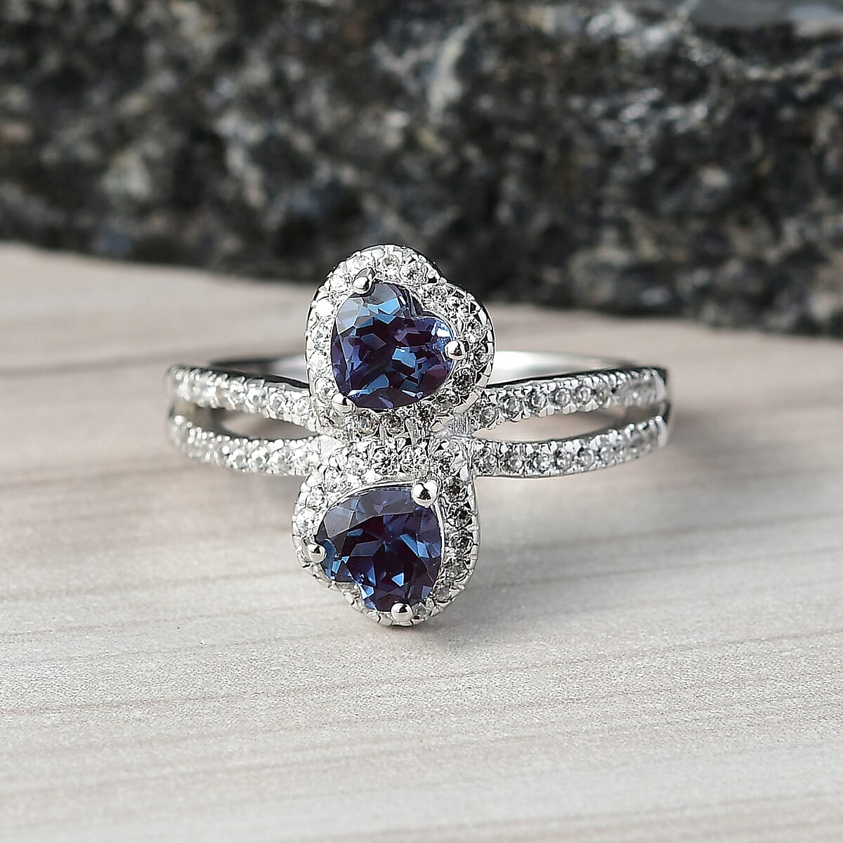 Luxuriant Premium Lab Grown Alexandrite and White Zircon 1.90 ctw Lover’s Eclipse Ring in Rhodium Over Sterling Silver (Size 7.0) image number 1