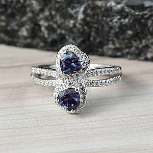 Luxuriant Premium Lab Grown Alexandrite and White Zircon 1.90 ctw Lover&rsquo;s Eclipse Ring in Rhodium Over Sterling Silver (Size 7.0)