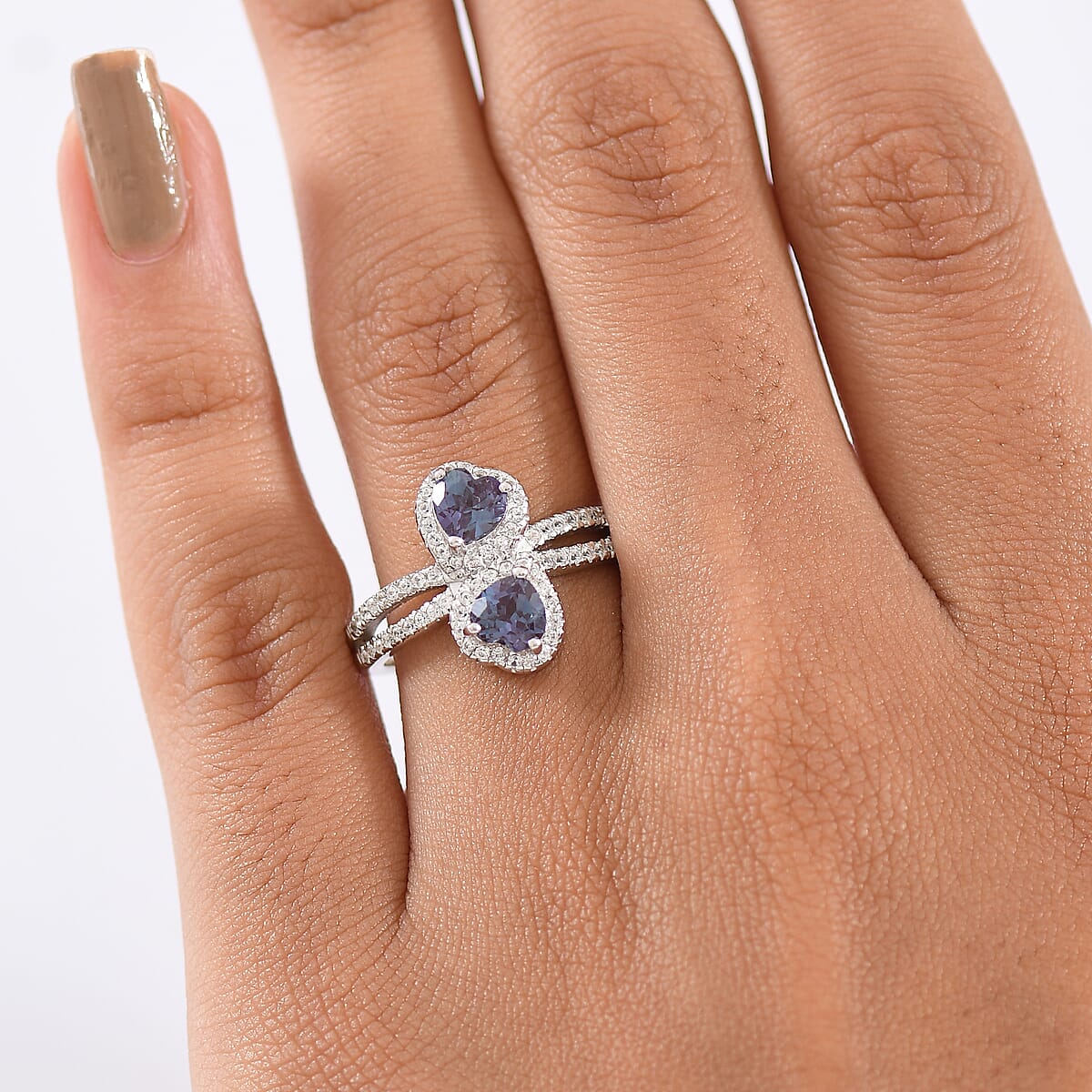 Luxuriant Premium Lab Grown Alexandrite and White Zircon 1.90 ctw Lover’s Eclipse Ring in Rhodium Over Sterling Silver (Size 7.0) image number 2