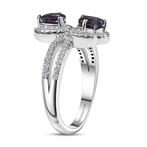 Luxuriant Premium Lab Grown Alexandrite and White Zircon 1.90 ctw Lover&rsquo;s Eclipse Ring in Rhodium Over Sterling Silver (Size 7.0)