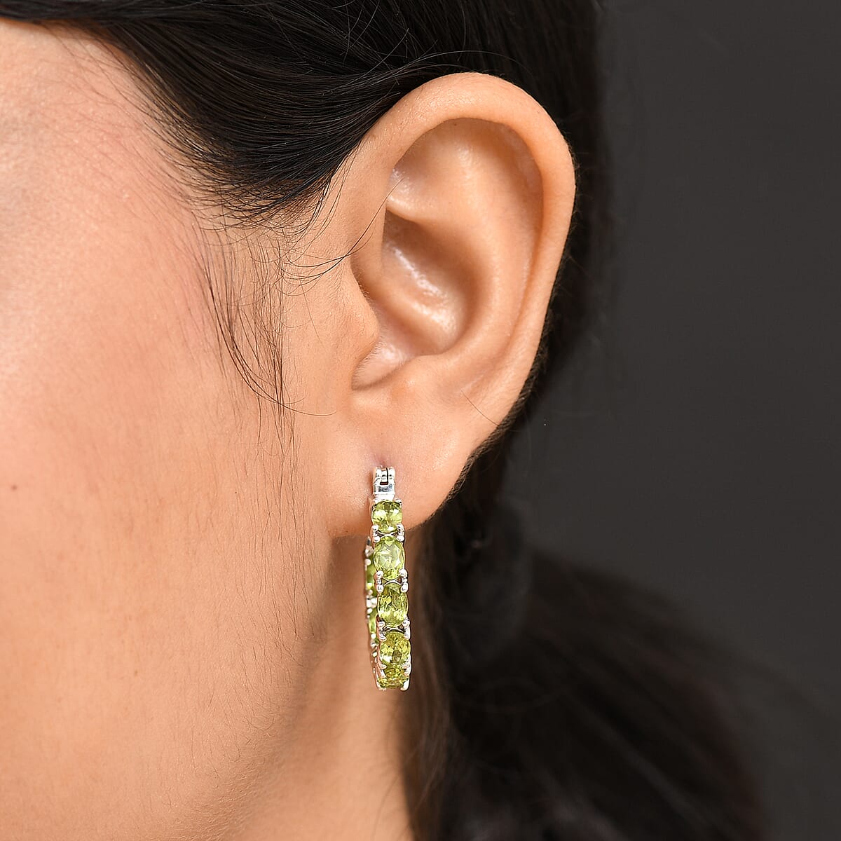 D'Joy Vine in Garden Peridot 7.60 ctw Hoop Earrings in Rhodium Over Sterling Silver image number 2