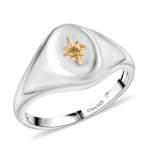D'Joy Natural Yellow Diamond Accent Signet Men's Ring in Rhodium Over Sterling Silver (Size 10.0)