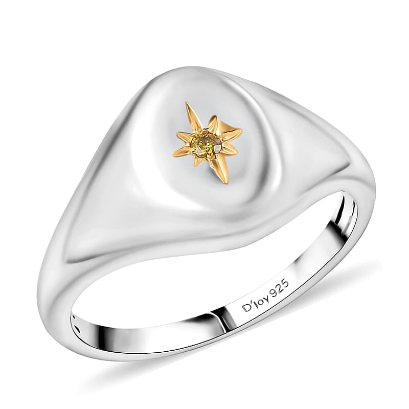 D'Joy Natural Yellow Diamond Accent Signet Men's Ring in Rhodium Over Sterling Silver (Size 10.0)
