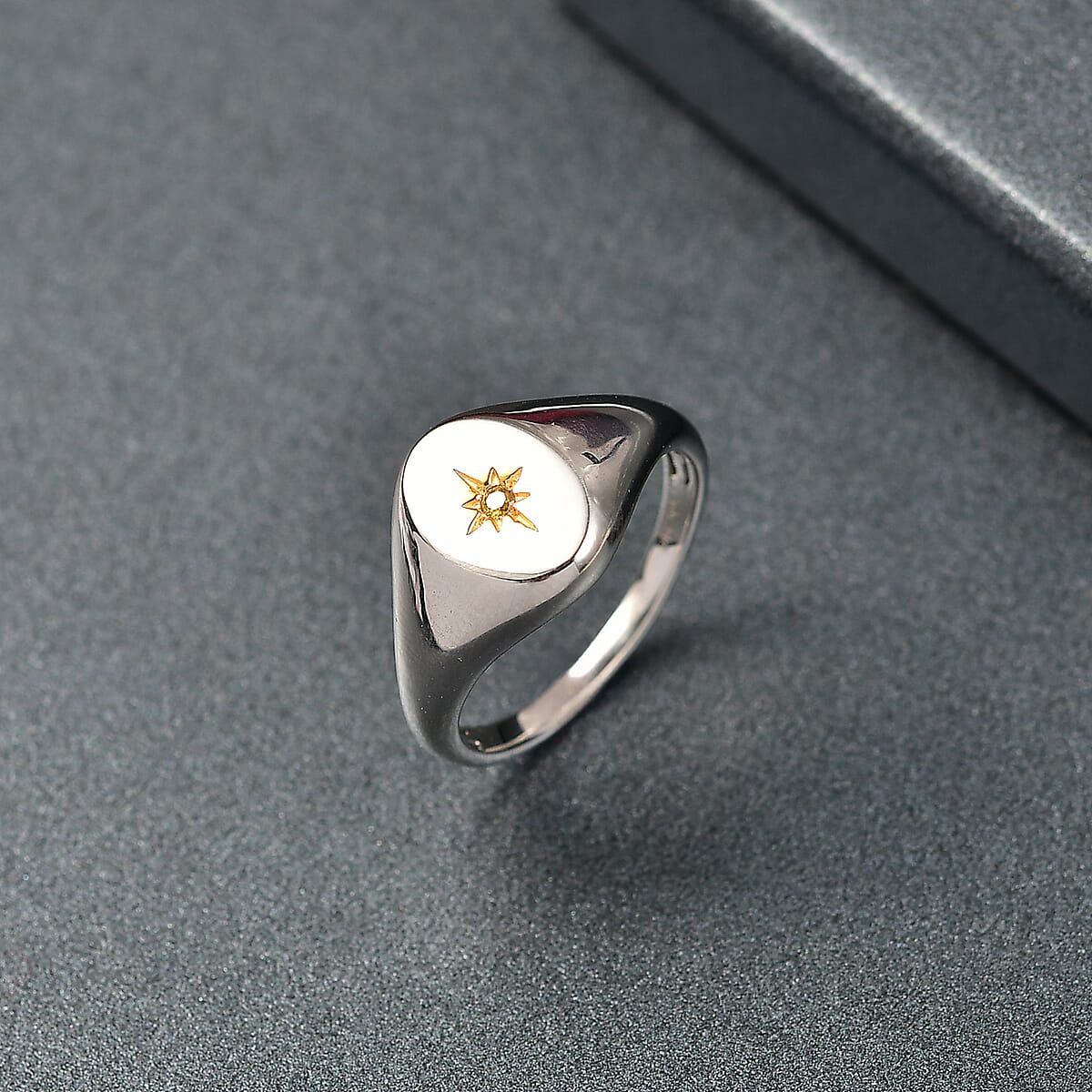 D'Joy Natural Yellow Diamond Accent Signet Men's Ring in Rhodium Over Sterling Silver (Size 10.0) image number 1