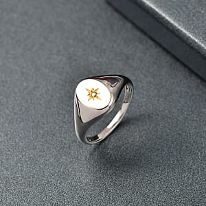 D'Joy Natural Yellow Diamond Accent Signet Men's Ring in Rhodium Over Sterling Silver (Size 10.0)