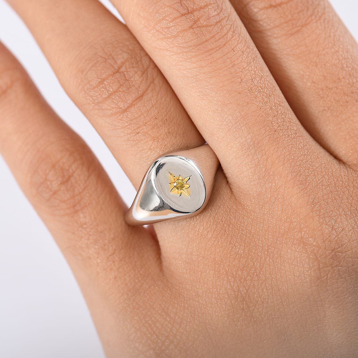 D'Joy Natural Yellow Diamond Accent Signet Men's Ring in Rhodium Over Sterling Silver (Size 10.0) image number 2