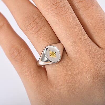 D'Joy Natural Yellow Diamond Accent Signet Men's Ring in Rhodium Over Sterling Silver (Size 10.0)