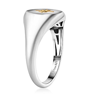 D'Joy Natural Yellow Diamond Accent Signet Men's Ring in Rhodium Over Sterling Silver (Size 10.0)