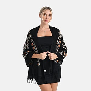 TAMSY Black Baroque Embroidered Scarf with Tassels